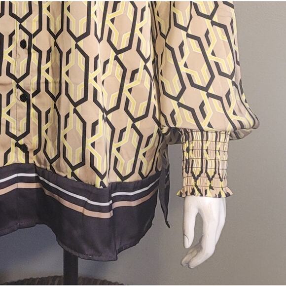 NWT NY & Co XXL Gold Black Geometric Blouse Balloon Poet Sleeve Silky Art Deco - Picture 3 of 9